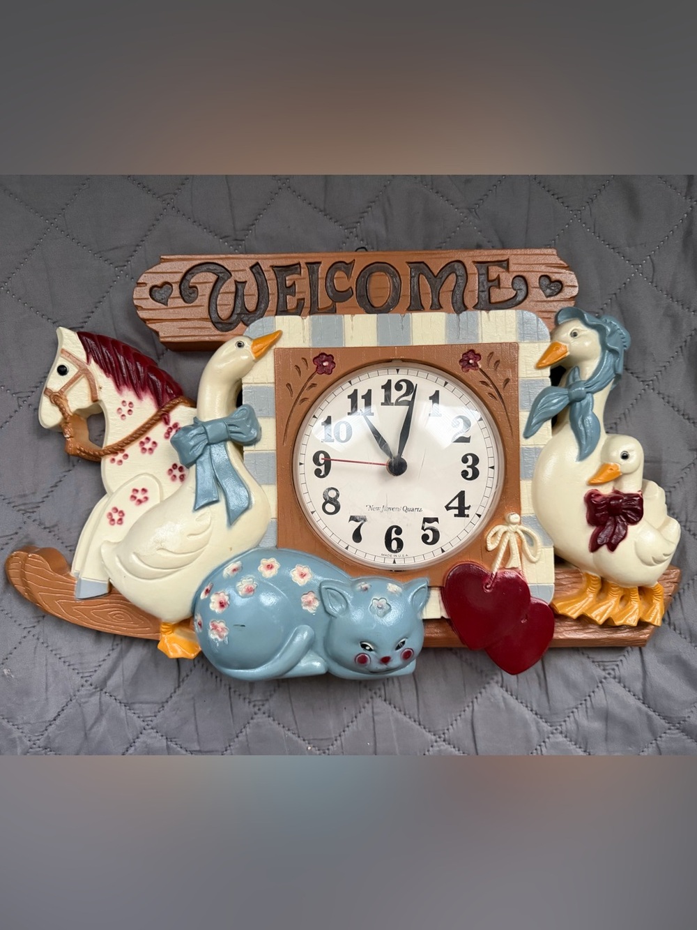 VTG 1980s Welcome Farmhouse Animal Wall Clock - WORKS! Grandma Country Core